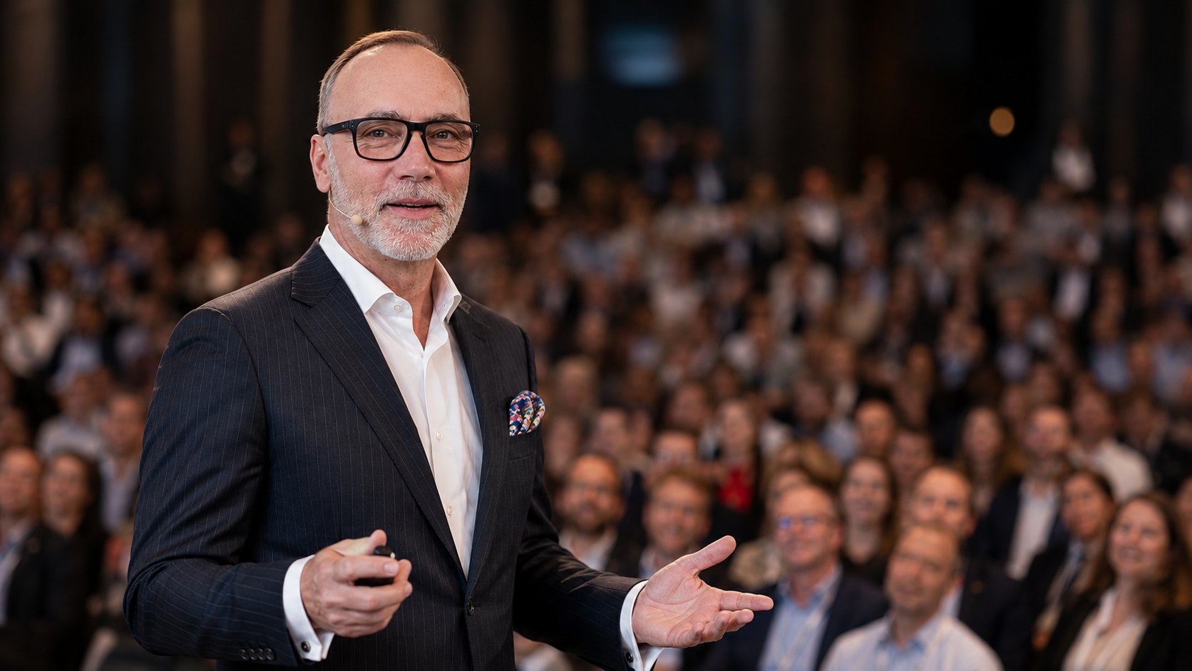 Jan Schaumann hält einen Vortrag auf der Bühne vor Publikum