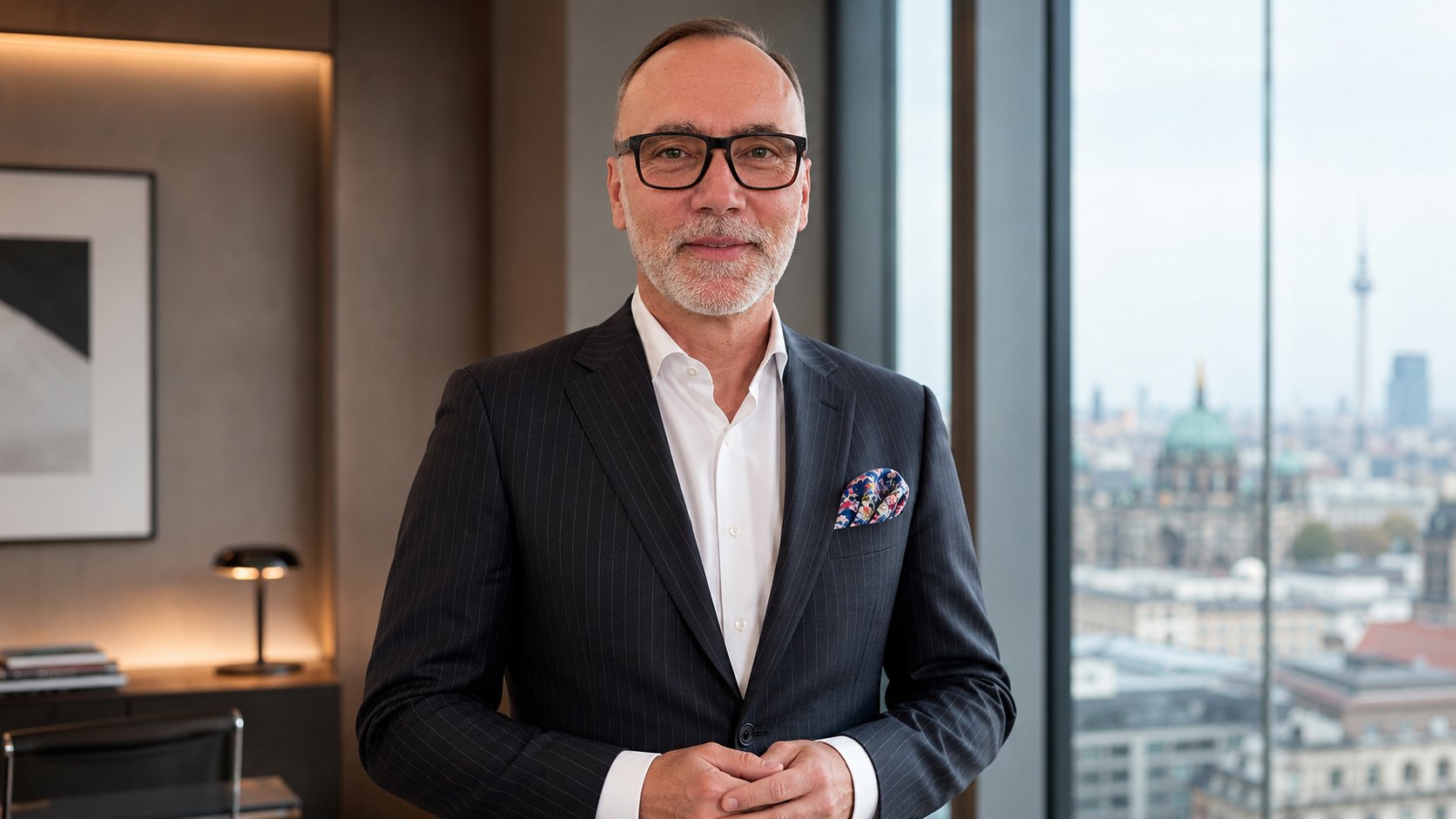 Jan Schaumann im Büro mit Blick über Berlin