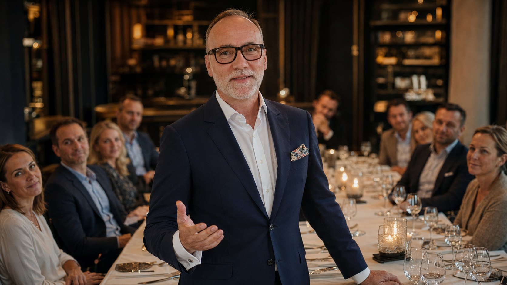 Jan Schaumann erklärt Gästen an einem eingedeckten Restauranttisch die Tisch-Etikette