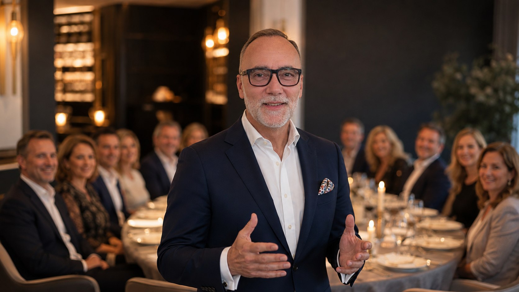 Jan Schaumann erklärt Gästen an einem eingedeckten Restauranttisch die Tisch-Etikette